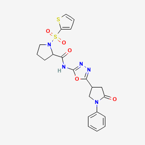 molecular formula C21H21N5O5S2 B2875945 N-(5-(5-oxo-1-phenylpyrrolidin-3-yl)-1,3,4-oxadiazol-2-yl)-1-(thiophen-2-ylsulfonyl)pyrrolidine-2-carboxamide CAS No. 1396555-92-2