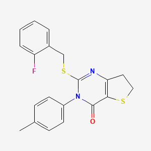 molecular formula C20H17FN2OS2 B2875973 2-[(2-Fluorophenyl)methylsulfanyl]-3-(4-methylphenyl)-6,7-dihydrothieno[3,2-d]pyrimidin-4-one CAS No. 686771-81-3