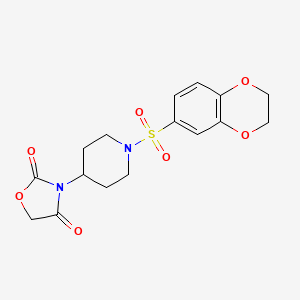 molecular formula C16H18N2O7S B2875980 3-(1-((2,3-二氢苯并[b][1,4]二氧杂环-6-基)磺酰基)哌啶-4-基)恶唑烷-2,4-二酮 CAS No. 2034275-82-4