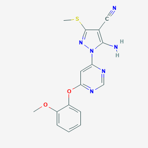 molecular formula C16H14N6O2S B287609 5-amino-1-[6-(2-methoxyphenoxy)-4-pyrimidinyl]-3-(methylsulfanyl)-1H-pyrazole-4-carbonitrile 