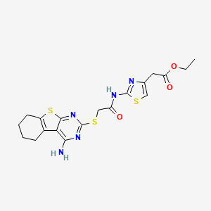 molecular formula C19H21N5O3S3 B2876091 Ethyl [2-({[(4-amino-5,6,7,8-tetrahydro[1]benzothieno[2,3-d]pyrimidin-2-yl)sulfanyl]acetyl}amino)-1,3-thiazol-4-yl]acetate CAS No. 496028-84-3