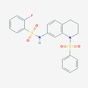 molecular formula C21H19FN2O4S2 B2876117 2-fluoro-N-(1-(phenylsulfonyl)-1,2,3,4-tetrahydroquinolin-7-yl)benzenesulfonamide CAS No. 951572-75-1
