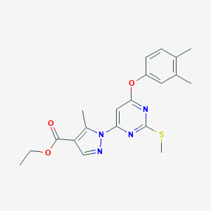 molecular formula C20H22N4O3S B287612 ethyl 1-[6-(3,4-dimethylphenoxy)-2-(methylsulfanyl)-4-pyrimidinyl]-5-methyl-1H-pyrazole-4-carboxylate 