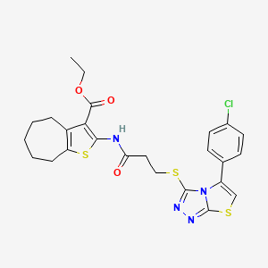 molecular formula C25H25ClN4O3S3 B2876134 ethyl 2-(3-((5-(4-chlorophenyl)thiazolo[2,3-c][1,2,4]triazol-3-yl)thio)propanamido)-5,6,7,8-tetrahydro-4H-cyclohepta[b]thiophene-3-carboxylate CAS No. 671200-13-8