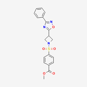 molecular formula C19H17N3O5S B2876139 Methyl 4-((3-(3-phenyl-1,2,4-oxadiazol-5-yl)azetidin-1-yl)sulfonyl)benzoate CAS No. 1251710-19-6