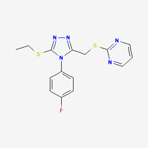 molecular formula C15H14FN5S2 B2876192 2-[[5-Ethylsulfanyl-4-(4-fluorophenyl)-1,2,4-triazol-3-yl]methylsulfanyl]pyrimidine CAS No. 868221-62-9