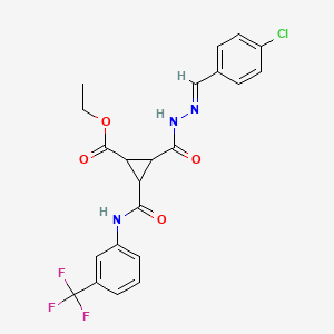 molecular formula C22H19ClF3N3O4 B2876226 Ethyl 2-({2-[(4-chlorophenyl)methylene]hydrazino}carbonyl)-3-{[3-(trifluoromethyl)anilino]carbonyl}cyclopropanecarboxylate CAS No. 321385-55-1