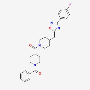 molecular formula C27H29FN4O3 B2876285 1-Benzoyl-4-[(4-{[3-(4-fluorophenyl)-1,2,4-oxadiazol-5-yl]methyl}piperidin-1-yl)carbonyl]piperidine CAS No. 1775506-21-2