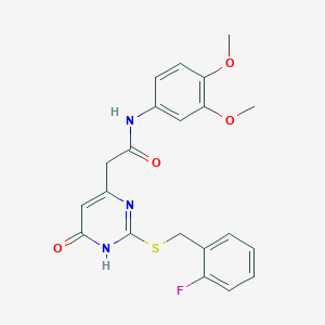 molecular formula C21H20FN3O4S B2876301 N-(3,4-dimethoxyphenyl)-2-(2-((2-fluorobenzyl)thio)-6-oxo-1,6-dihydropyrimidin-4-yl)acetamide CAS No. 1105240-02-5