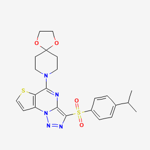 molecular formula C23H25N5O4S2 B2876312 5-(1,4-Dioxa-8-azaspiro[4.5]dec-8-yl)-3-[(4-isopropylphenyl)sulfonyl]thieno[2,3-e][1,2,3]triazolo[1,5-a]pyrimidine CAS No. 931754-78-8