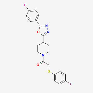 molecular formula C21H19F2N3O2S B2876412 1-(4-(5-(4-Fluorophenyl)-1,3,4-oxadiazol-2-yl)piperidin-1-yl)-2-((4-fluorophenyl)thio)ethanone CAS No. 1209697-54-0