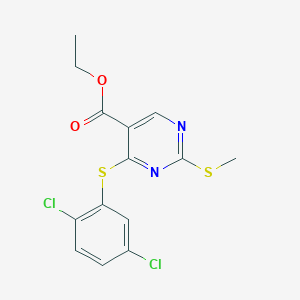 molecular formula C14H12Cl2N2O2S2 B2876435 Ethyl 4-[(2,5-dichlorophenyl)sulfanyl]-2-(methylsulfanyl)-5-pyrimidinecarboxylate CAS No. 339019-47-5