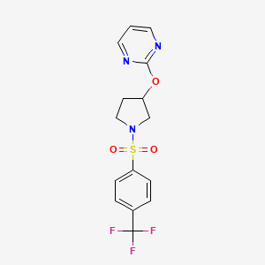 molecular formula C15H14F3N3O3S B2876436 2-((1-((4-(Trifluoromethyl)phenyl)sulfonyl)pyrrolidin-3-yl)oxy)pyrimidine CAS No. 2034578-09-9