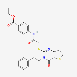 molecular formula C26H27N3O4S2 B2876474 Ethyl 4-(2-((6-methyl-4-oxo-3-phenethyl-3,4,6,7-tetrahydrothieno[3,2-d]pyrimidin-2-yl)thio)acetamido)benzoate CAS No. 851410-56-5