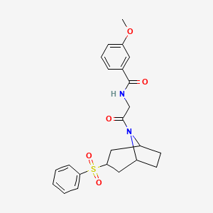 molecular formula C23H26N2O5S B2876512 3-methoxy-N-(2-oxo-2-((1R,5S)-3-(phenylsulfonyl)-8-azabicyclo[3.2.1]octan-8-yl)ethyl)benzamide CAS No. 1797981-19-1