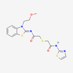 molecular formula C17H18N4O3S3 B2876565 (Z)-N-(3-(2-methoxyethyl)benzo[d]thiazol-2(3H)-ylidene)-2-((2-oxo-2-(thiazol-2-ylamino)ethyl)thio)acetamide CAS No. 862826-55-9