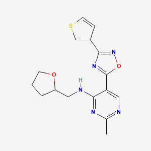 molecular formula C16H17N5O2S B2876631 2-methyl-N-((tetrahydrofuran-2-yl)methyl)-5-(3-(thiophen-3-yl)-1,2,4-oxadiazol-5-yl)pyrimidin-4-amine CAS No. 2034571-42-9