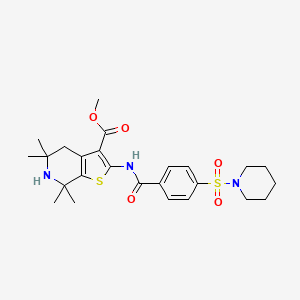 molecular formula C25H33N3O5S2 B2876702 5,5,7,7-四甲基-2-[(4-哌啶-1-磺酰基苯甲酰)氨基]-4,6-二氢噻吩并[2,3-c]吡啶-3-甲酸甲酯 CAS No. 489471-18-3