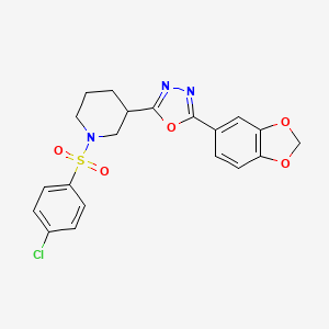 molecular formula C20H18ClN3O5S B2876827 2-(苯并[d][1,3]二氧杂环-5-基)-5-(1-((4-氯苯基)磺酰基)哌啶-3-基)-1,3,4-恶二唑 CAS No. 1171542-93-0