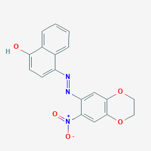 molecular formula C18H13N3O5 B2876849 (E)-4-(2-(7-硝基-2,3-二氢苯并[b][1,4]二噁英-6-基)腙)萘-1(4H)-酮 CAS No. 306278-25-1