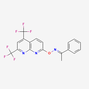 molecular formula C18H11F6N3O B2876896 1-phenyl-1-ethanone O-[5,7-bis(trifluoromethyl)[1,8]naphthyridin-2-yl]oxime CAS No. 338978-34-0