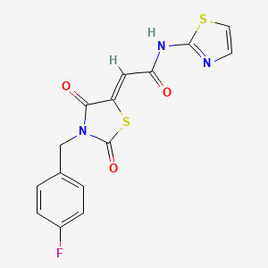 molecular formula C15H10FN3O3S2 B2876933 (Z)-2-(3-(4-fluorobenzyl)-2,4-dioxothiazolidin-5-ylidene)-N-(thiazol-2-yl)acetamide CAS No. 627486-71-9