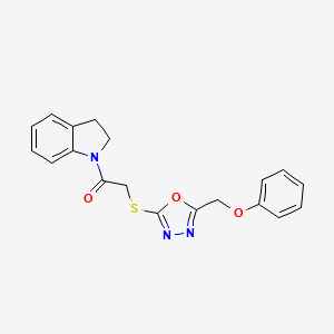 molecular formula C19H17N3O3S B2876986 1-(Indolin-1-yl)-2-((5-(phenoxymethyl)-1,3,4-oxadiazol-2-yl)thio)ethanone CAS No. 851129-62-9