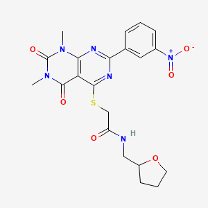 molecular formula C21H22N6O6S B2876999 2-((6,8-dimethyl-2-(3-nitrophenyl)-5,7-dioxo-5,6,7,8-tetrahydropyrimido[4,5-d]pyrimidin-4-yl)thio)-N-((tetrahydrofuran-2-yl)methyl)acetamide CAS No. 893927-38-3