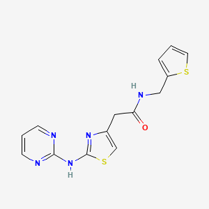 molecular formula C14H13N5OS2 B2877009 2-(2-(pyrimidin-2-ylamino)thiazol-4-yl)-N-(thiophen-2-ylmethyl)acetamide CAS No. 1226440-73-8