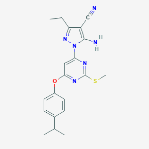 molecular formula C20H22N6OS B287709 5-amino-3-ethyl-1-[6-(4-isopropylphenoxy)-2-(methylsulfanyl)-4-pyrimidinyl]-1H-pyrazole-4-carbonitrile 