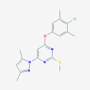 molecular formula C18H19ClN4OS B287712 4-chloro-3,5-dimethylphenyl 6-(3,5-dimethyl-1H-pyrazol-1-yl)-2-(methylsulfanyl)-4-pyrimidinyl ether 