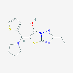 molecular formula C15H18N4OS2 B2877217 2-Ethyl-5-(pyrrolidin-1-yl(thiophen-2-yl)methyl)thiazolo[3,2-b][1,2,4]triazol-6-ol CAS No. 886904-69-4