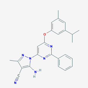 molecular formula C25H24N6O B287727 5-amino-1-[6-(3-isopropyl-5-methylphenoxy)-2-phenyl-4-pyrimidinyl]-3-methyl-1H-pyrazole-4-carbonitrile 