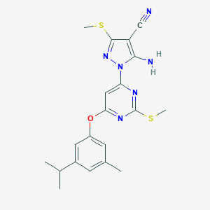molecular formula C20H22N6OS2 B287730 5-amino-1-[6-(3-isopropyl-5-methylphenoxy)-2-(methylsulfanyl)-4-pyrimidinyl]-3-(methylsulfanyl)-1H-pyrazole-4-carbonitrile 
