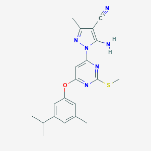 molecular formula C20H22N6OS B287731 5-amino-1-[6-(3-isopropyl-5-methylphenoxy)-2-(methylsulfanyl)-4-pyrimidinyl]-3-methyl-1H-pyrazole-4-carbonitrile 