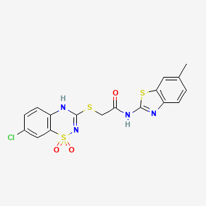 molecular formula C17H13ClN4O3S3 B2877324 2-((7-chloro-1,1-dioxido-4H-benzo[e][1,2,4]thiadiazin-3-yl)thio)-N-(6-methylbenzo[d]thiazol-2-yl)acetamide CAS No. 886956-77-0