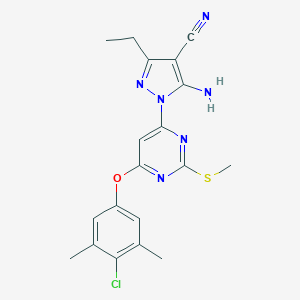 molecular formula C19H19ClN6OS B287735 5-amino-1-[6-(4-chloro-3,5-dimethylphenoxy)-2-(methylsulfanyl)-4-pyrimidinyl]-3-ethyl-1H-pyrazole-4-carbonitrile 