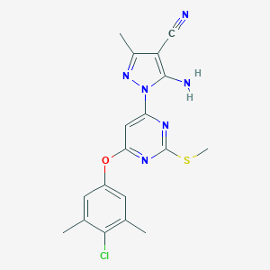 molecular formula C18H17ClN6OS B287736 5-amino-1-[6-(4-chloro-3,5-dimethylphenoxy)-2-(methylsulfanyl)-4-pyrimidinyl]-3-methyl-1H-pyrazole-4-carbonitrile 
