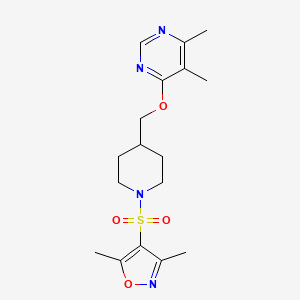 molecular formula C17H24N4O4S B2877390 4-((4-(((5,6-Dimethylpyrimidin-4-yl)oxy)methyl)piperidin-1-yl)sulfonyl)-3,5-dimethylisoxazole CAS No. 2309775-75-3