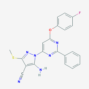 molecular formula C21H15FN6OS B287741 5-amino-1-[6-(4-fluorophenoxy)-2-phenyl-4-pyrimidinyl]-3-(methylsulfanyl)-1H-pyrazole-4-carbonitrile 