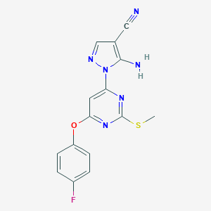 molecular formula C15H11FN6OS B287742 5-amino-1-[6-(4-fluorophenoxy)-2-(methylsulfanyl)-4-pyrimidinyl]-1H-pyrazole-4-carbonitrile 