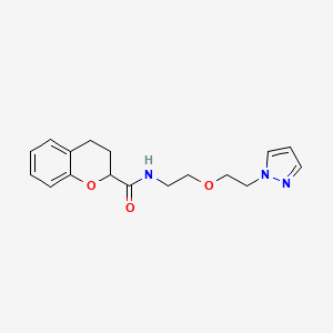 molecular formula C17H21N3O3 B2877483 N-(2-(2-(1H-pyrazol-1-yl)ethoxy)ethyl)chroman-2-carboxamide CAS No. 2034310-55-7