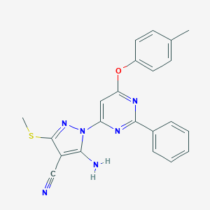 molecular formula C22H18N6OS B287750 5-amino-1-[6-(4-methylphenoxy)-2-phenyl-4-pyrimidinyl]-3-(methylsulfanyl)-1H-pyrazole-4-carbonitrile 