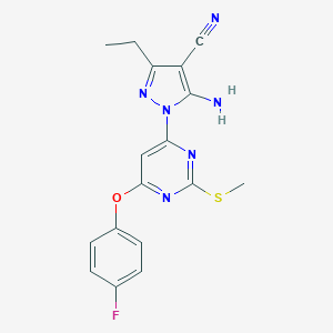 molecular formula C17H15FN6OS B287755 5-amino-3-ethyl-1-[6-(4-fluorophenoxy)-2-(methylsulfanyl)-4-pyrimidinyl]-1H-pyrazole-4-carbonitrile 