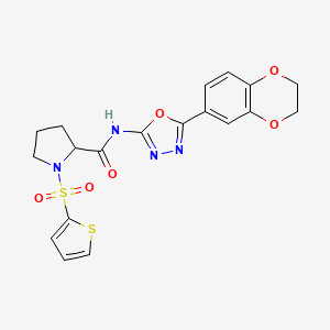 molecular formula C19H18N4O6S2 B2877576 N-(5-(2,3-dihydrobenzo[b][1,4]dioxin-6-yl)-1,3,4-oxadiazol-2-yl)-1-(thiophen-2-ylsulfonyl)pyrrolidine-2-carboxamide CAS No. 1098640-56-2