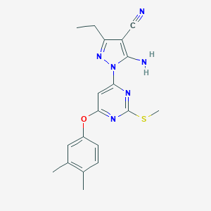 molecular formula C19H20N6OS B287758 5-amino-1-[6-(3,4-dimethylphenoxy)-2-(methylsulfanyl)-4-pyrimidinyl]-3-ethyl-1H-pyrazole-4-carbonitrile 