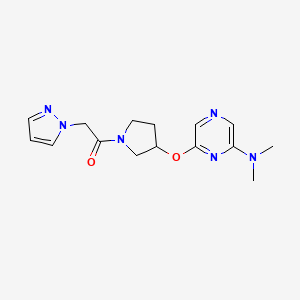 molecular formula C15H20N6O2 B2877585 1-(3-((6-(二甲氨基)吡嗪-2-基)氧基)吡咯烷-1-基)-2-(1H-吡唑-1-基)乙酮 CAS No. 2034433-14-0