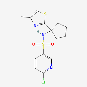 molecular formula C14H16ClN3O2S2 B2877596 6-chloro-N-[1-(4-methyl-1,3-thiazol-2-yl)cyclopentyl]pyridine-3-sulfonamide CAS No. 1389970-75-5