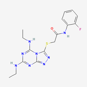 molecular formula C16H19FN8OS B2877607 2-((5,7-bis(ethylamino)-[1,2,4]triazolo[4,3-a][1,3,5]triazin-3-yl)thio)-N-(2-fluorophenyl)acetamide CAS No. 898443-51-1