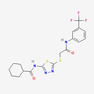 molecular formula C18H19F3N4O2S2 B2877636 N-(5-((2-oxo-2-((3-(trifluoromethyl)phenyl)amino)ethyl)thio)-1,3,4-thiadiazol-2-yl)cyclohexanecarboxamide CAS No. 868972-88-7